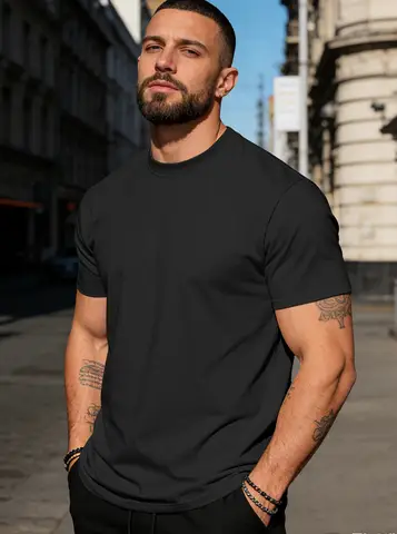 Camiseta Masculina Casual Confortável de Verão, Moda, Gola Redonda, Manga Curta, Cor Sólida Simples, Camiseta Oversized, Roupa Diária