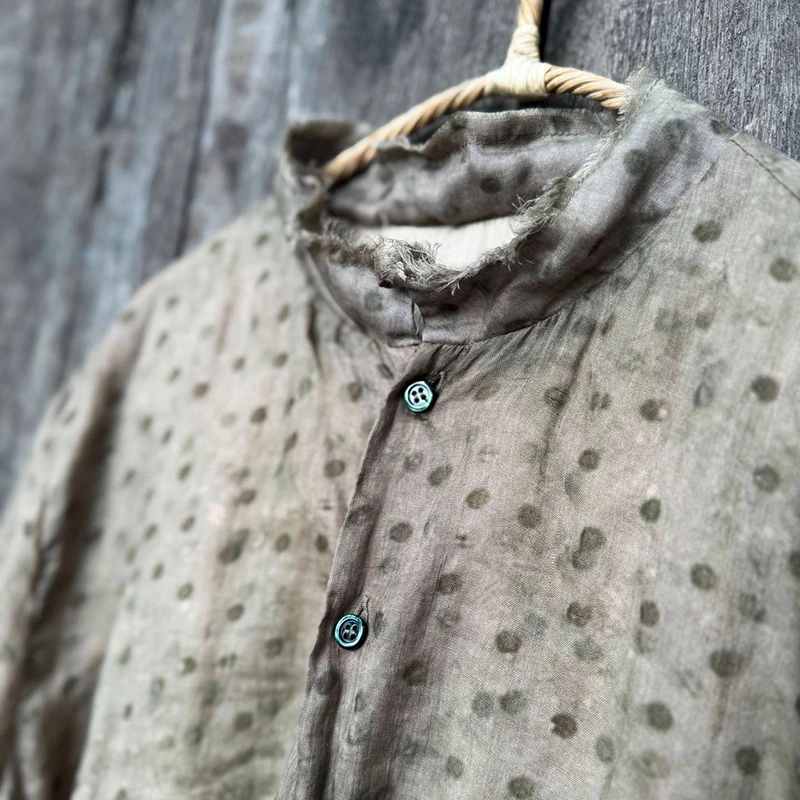Damskie płaszcze z bawełny i lnu, codzienne, nowość 2025, jesień, styl vintage, stójka, luźne, w kropki, damskie kurtki z długim rękawem M2001