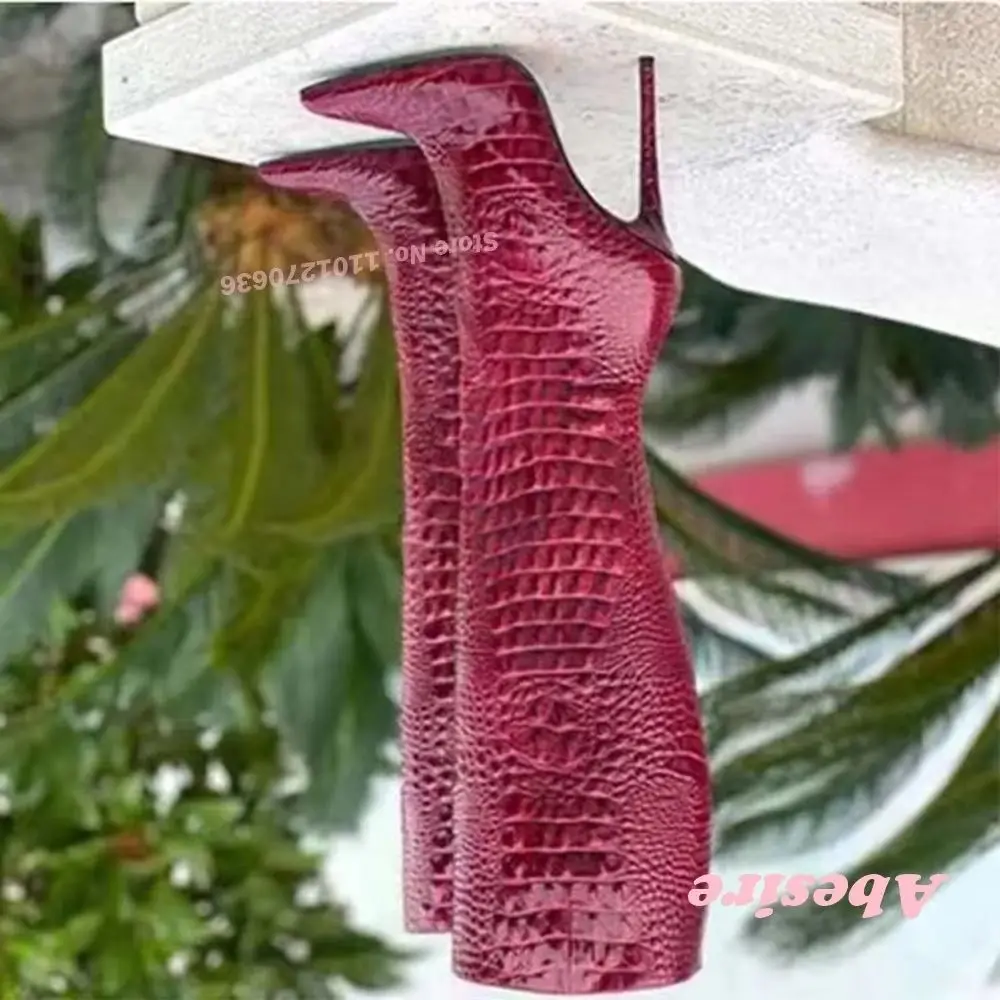 

Croc-Pattern Stiletto Heels Boots Burgundy Pointed Toe Slip On Knee High Boots Winter 2025 Newest Casual Shoes Large Size 43