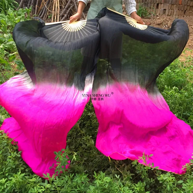 1 Pair Silk Belly Dance Fans Long Bamboo Fans Colorful Long Folding For Worship Church Dancing Performances Silk Fans Handmade