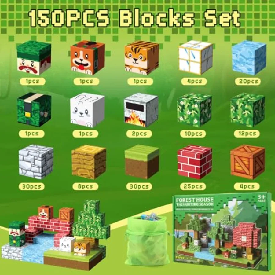 كتل مغناطيسية 150 قطعة مكعبات بناء مغناطيسية ألعاب بناء مفتوحة مع حقيبة تخزين للعب الإبداعي وتعلم الجذع