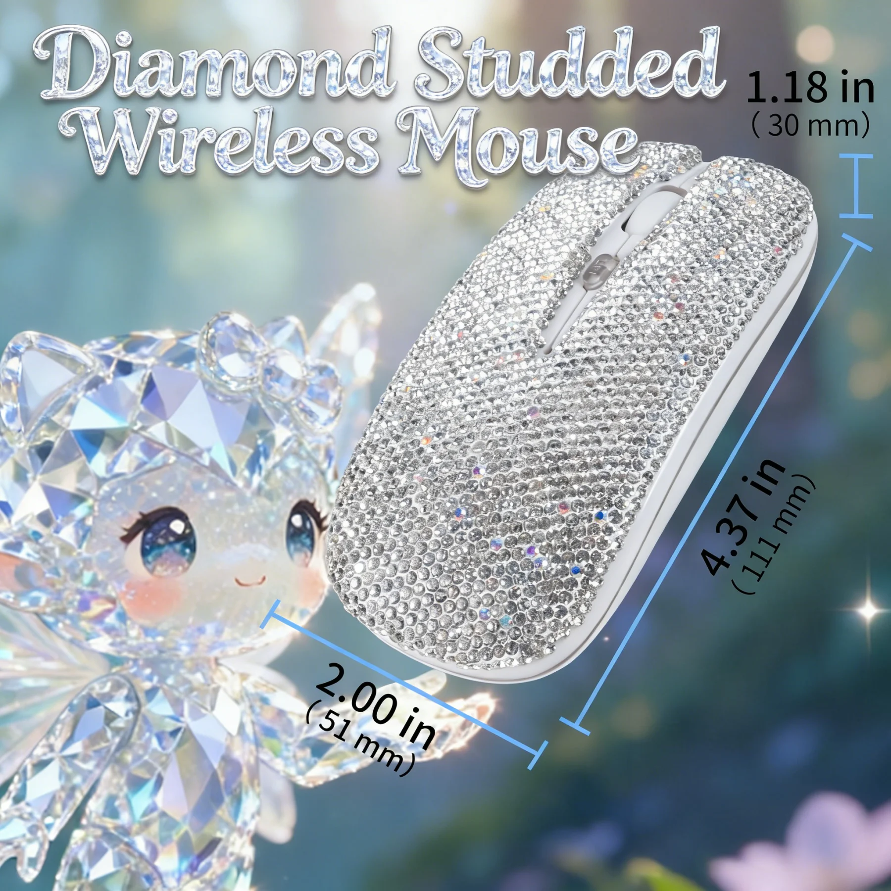 Diamond Studded Wireless Mouse 2.4G Bluetooth Dual-mode Connection Silent Click Rechargeable Bling Fashion Gift For Girls