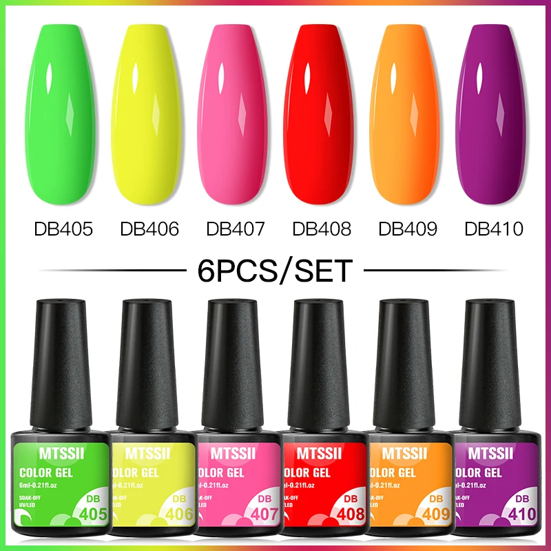 

6PC/SET Gel Nail Polish Set Summer Neon Fluorescent Vernis Semi Permanent Hybrid Gel Varnish Soak Off UV LED Nail Art Varnish