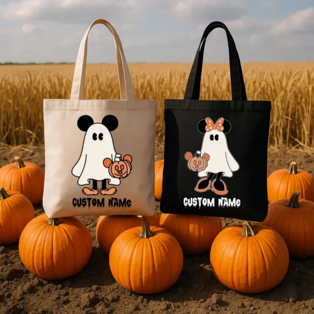 حقيبة حمل مخصصة للهالوين، حقيبة خدعة أو علاج لشخصية شبح، حقيبة يقطين تحمل اسم مخصص، حقيبة حلوى الهالوين للأطفال، حقيبة ميكي ميني