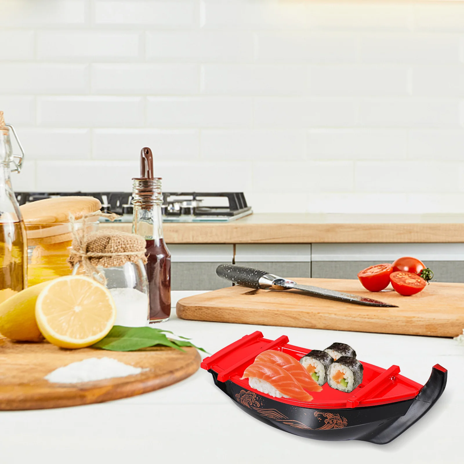 

1Pcs Sushi Boat Plastic Tray Boat Shape Plate Serving Sushi Sashimi Salmon Seafood Decorative Display Food Serving Dinnerware