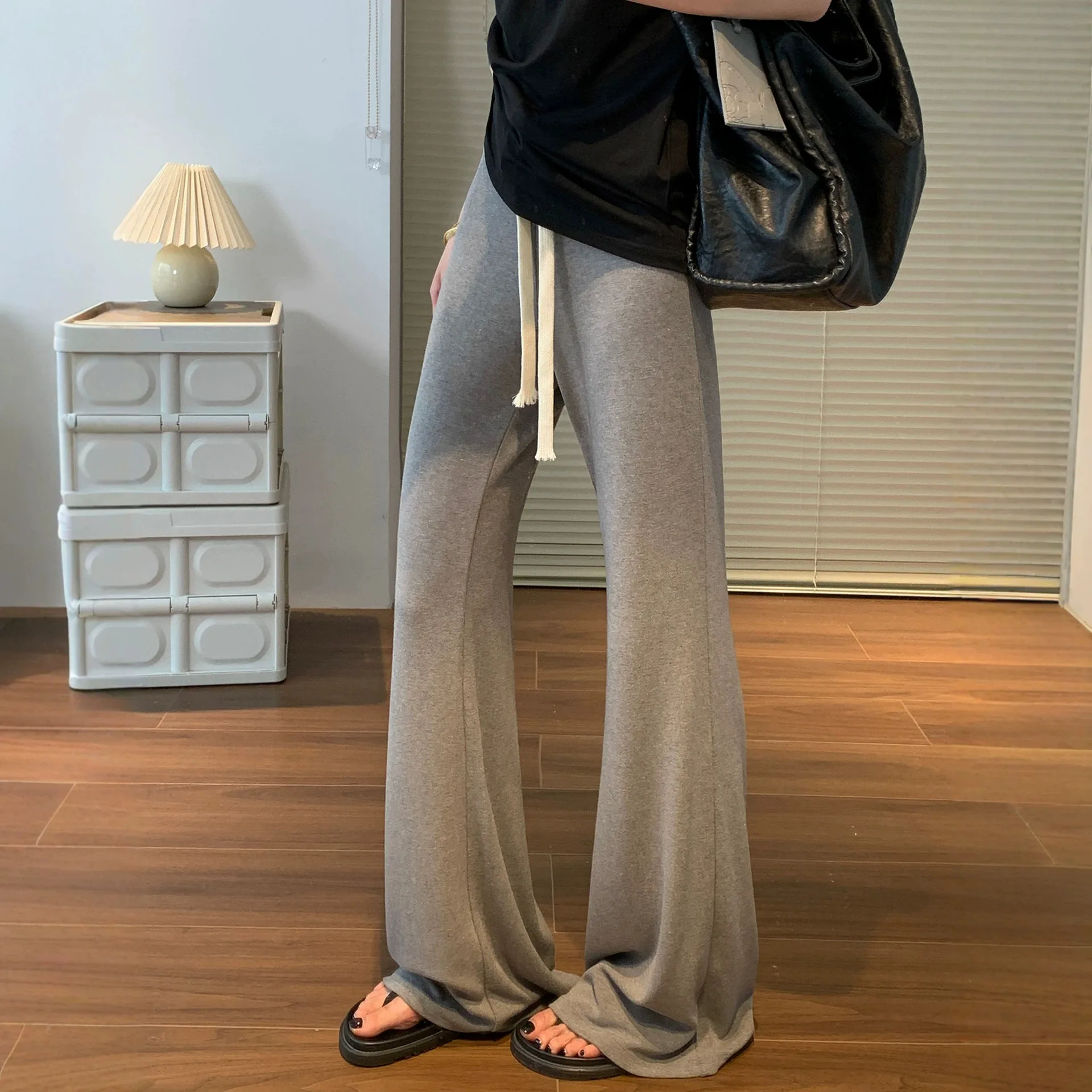 Grey Micro-flare Pants for Women Thin Style for Spring and Summer, 2026 New Style High Waist Cool Feeling Draping Pants Slimming