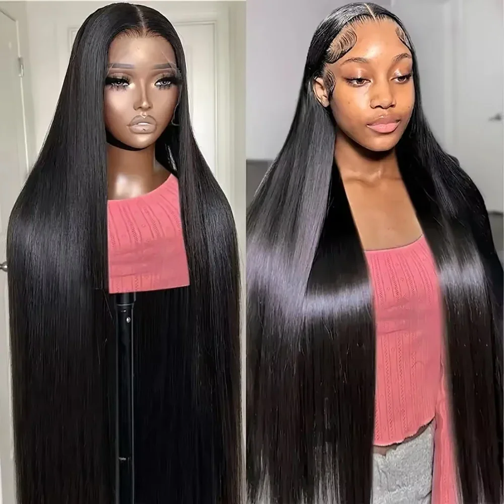 Perruque frontale en dentelle HD transparente 13x4 13x6, cheveux humains Remy, densité 220%, lisse, 46 pouces, pré-épilée avec baby hair, pour femmes