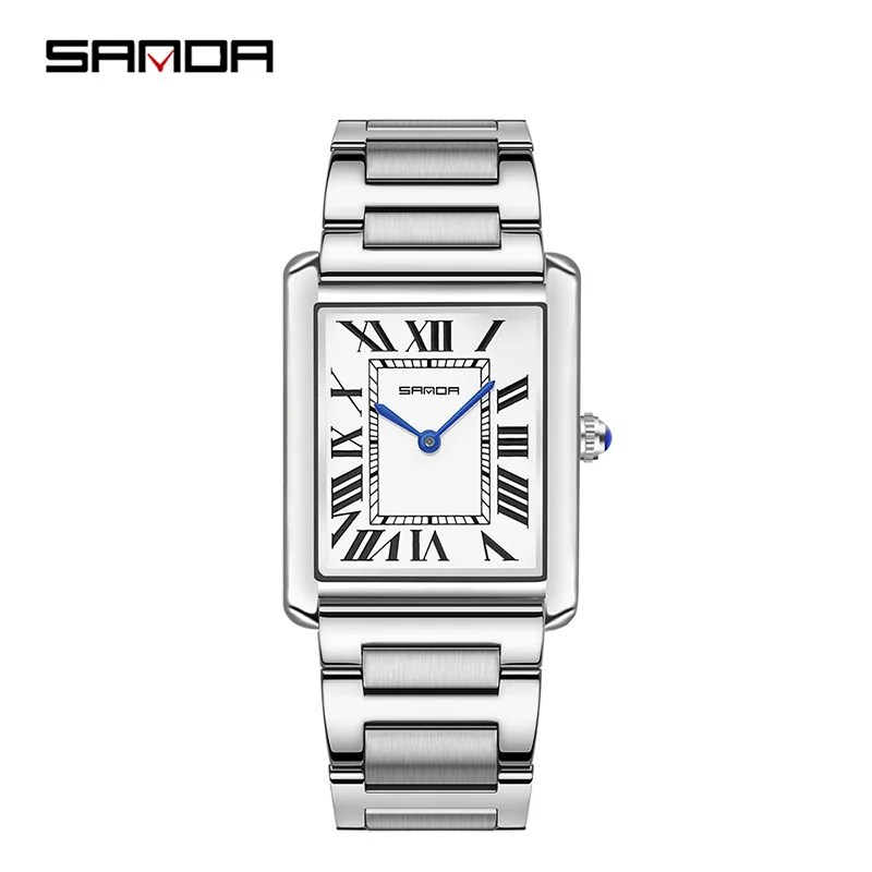 Fashion Sanda Top Brand 1108 Rectangular Couple Watch Silver Case Luxury Business Genuine Leather Quartz Clock Zegarek Damski