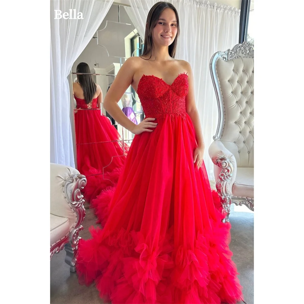 

Bella Strapless Tulle Prom Dresses Lace Appliques A-line Wedding Dress Elegant Sleeveless Puffy Long Train Vestidos De Fiesta