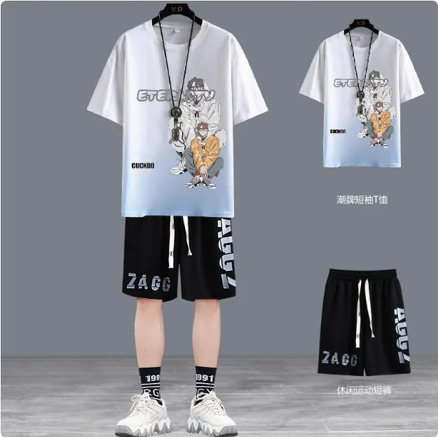 Shorts Men Suit Summer Joggers Set Korean Fashion Graphic T-shirt Multi-pocket Cargo Pants 2 Piece Set Men Tracksuits 2025 New
