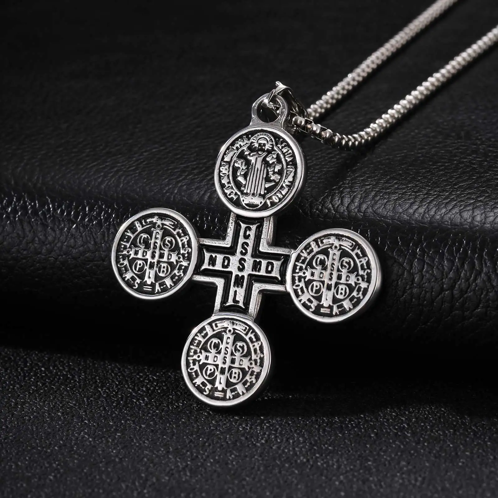 Vnox Stainless Steel 4-Way St Benedict Cross Necklace for Men, Catholic Exorcism Medal Pendant Religious Protection Jewelry Gift