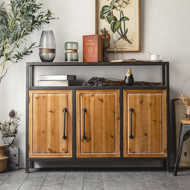A Solid Wood Vintage Iron Art Industrial Style Homestay Living Room Entrance Side Cabinet