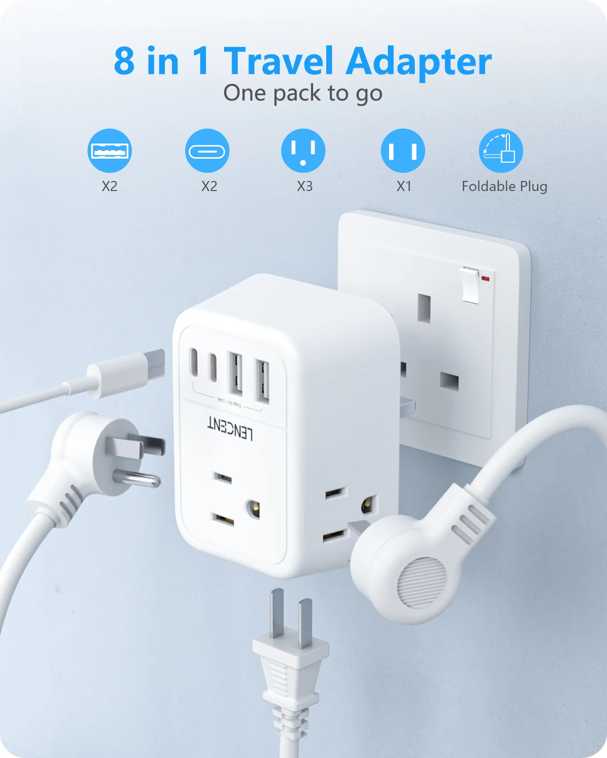 Encent-国際タイプg電源プラグアダプター、旅行用usからukへ、4コンセント付き電源アダプター、2usb-c、5v、3a