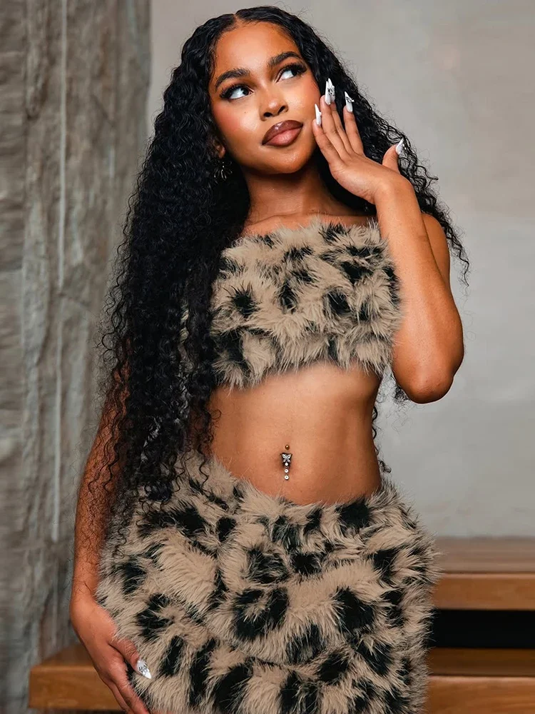 Leopard Print 2 Piece Set Woman Furry Patchwork Wrap Chest Backless Tube Tops+Mini Skirts Hot Girls Sexy Fashion Suits