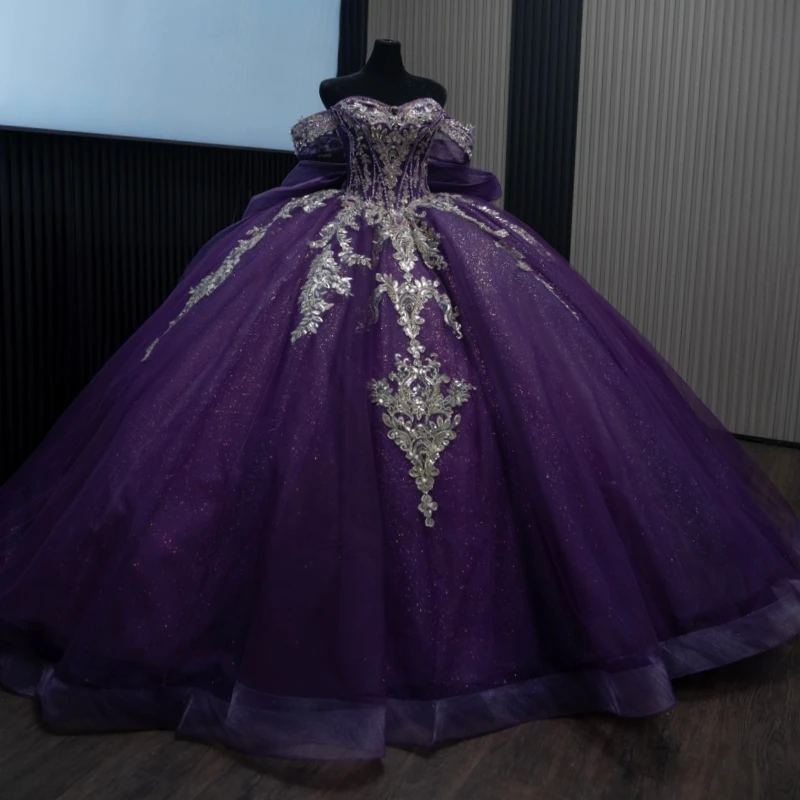 

Purple Shiny Princess Off the Shoulder Sweet 16 Dress Quinceanera Dresses Applique Lace Beads Bow Tull Party Birthday Vestidos