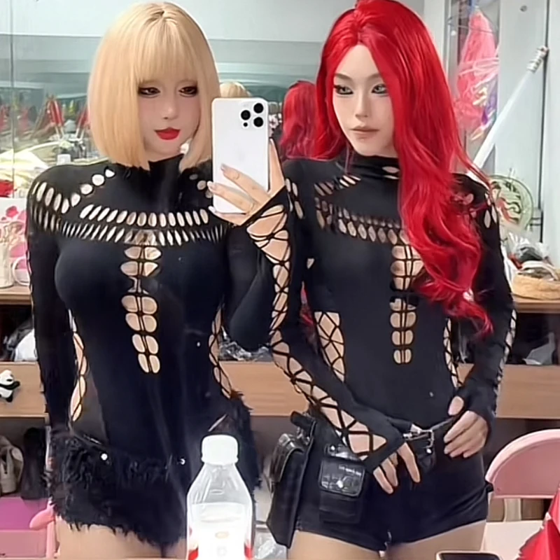 

Sexy Hollow out Bla Bodysuit DJ Stage Performance Women's Bar Costume Chic Trendy Suit for Fem Performers