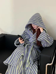 Korean Sle Coral Fce Pajamas Women's Winter Thi Warm Large Size Robe Long Pants Home Clothes Set Striped Spwear
