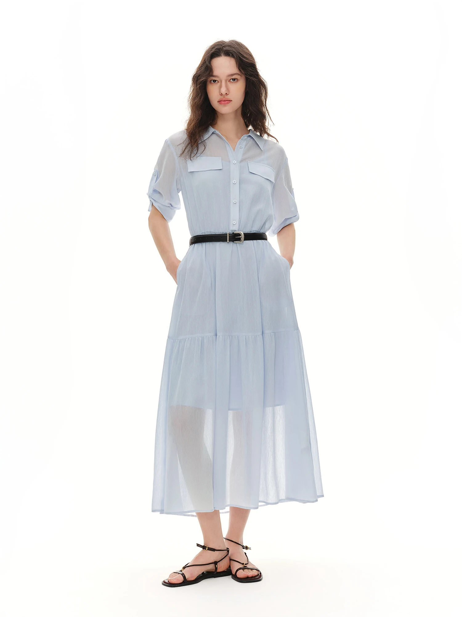 DUSHU 2026 Summer Women's Deconstructed False Two Piece Dress, Textured Chiffon Tiered Midi Office Layering, Inclusive Sizing