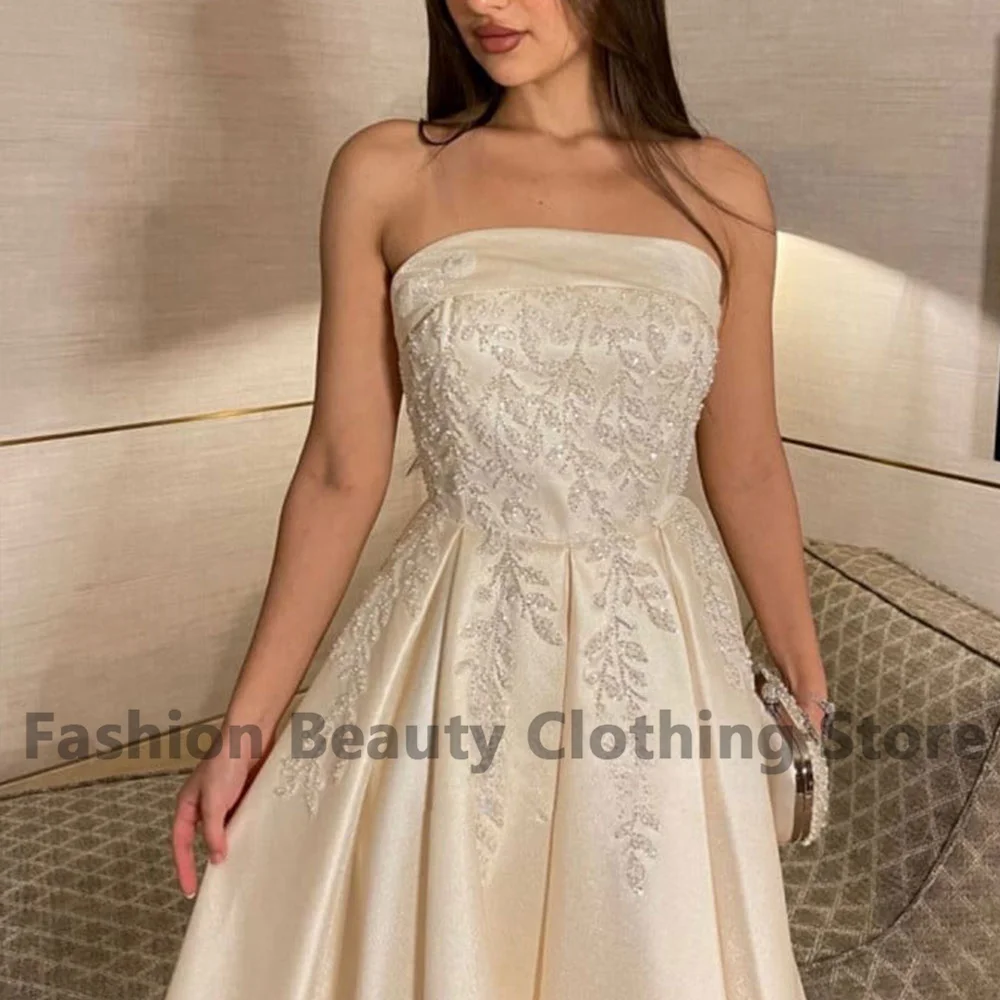 Satin A-Line Prom Dress Dubai Strapless Applique Pleated Backless Saudi Arabian Ankle-Length Evening Dresses Vestidos De Noche