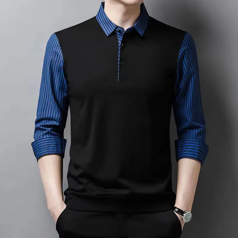 Camisa de manga larga con cuello de Polo para hombre, camisa con botones a rayas, decoración de línea brillante de colores, informal, elegante, para viajes, primavera y otoño