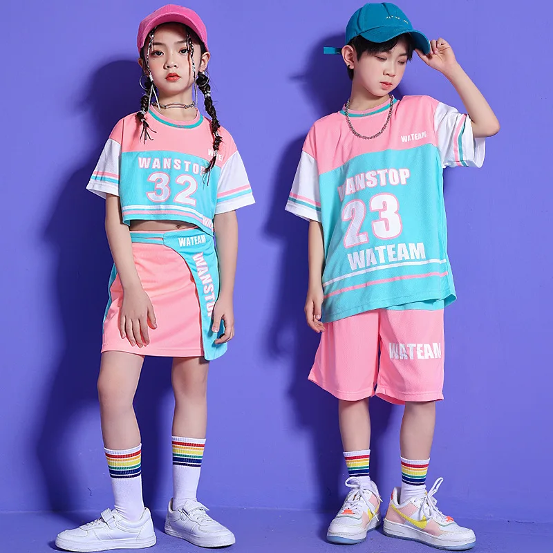 Kid Kpop Hip Hop Pink Blue Crop T Shirt Top Casual Summer Shorts Skirt Mini for Girl Boy Jazz Dance Costume Set Outfits Clothes