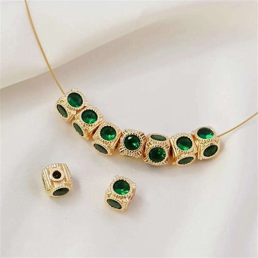 14K Gold-plated and Zircon Square Through-hole Beads, DIY Handcrafted Bracelet, Necklace, Bead Threading and Matching Materials