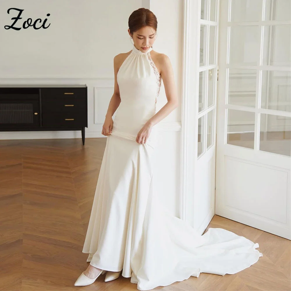 

Zoci Vintage Halter Korea Mermaid Wedding Dresses Customized Photos Shoot Sleeveless Dress Simple Backless Lace Bridal Gown