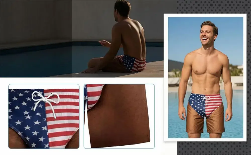 Herren Badeshorts mit 3D-Effekt und USA-Flaggen-Print, Schnelltrocknend, für Strand und Surfen – Detail 2