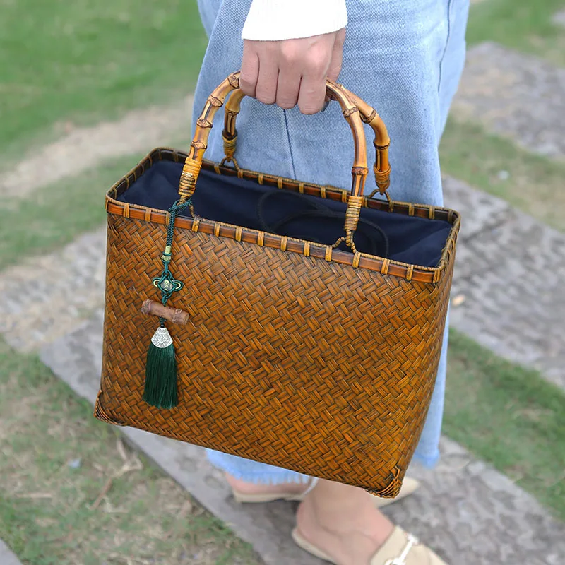 Vintage Handbag Women\'s Straw Bags Hand Bamboo Woven Fashion Summer Beach Tea Ceremony Storage Baskets Luxury Wicker Bag Crafts