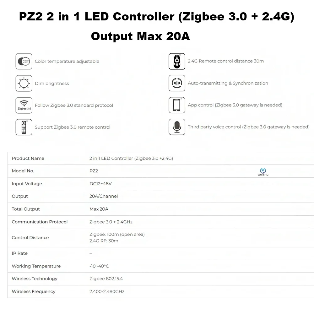 Zigbee-Contrôleur LED pour document unique, bande LED, PZ2, 2 en 1, PZ5, 5 en 1 Max, 20A, ATA Boxer, 3.0 + 2.4G RF, blanc, RVB, RGBW, RVB + CCT, touristes
