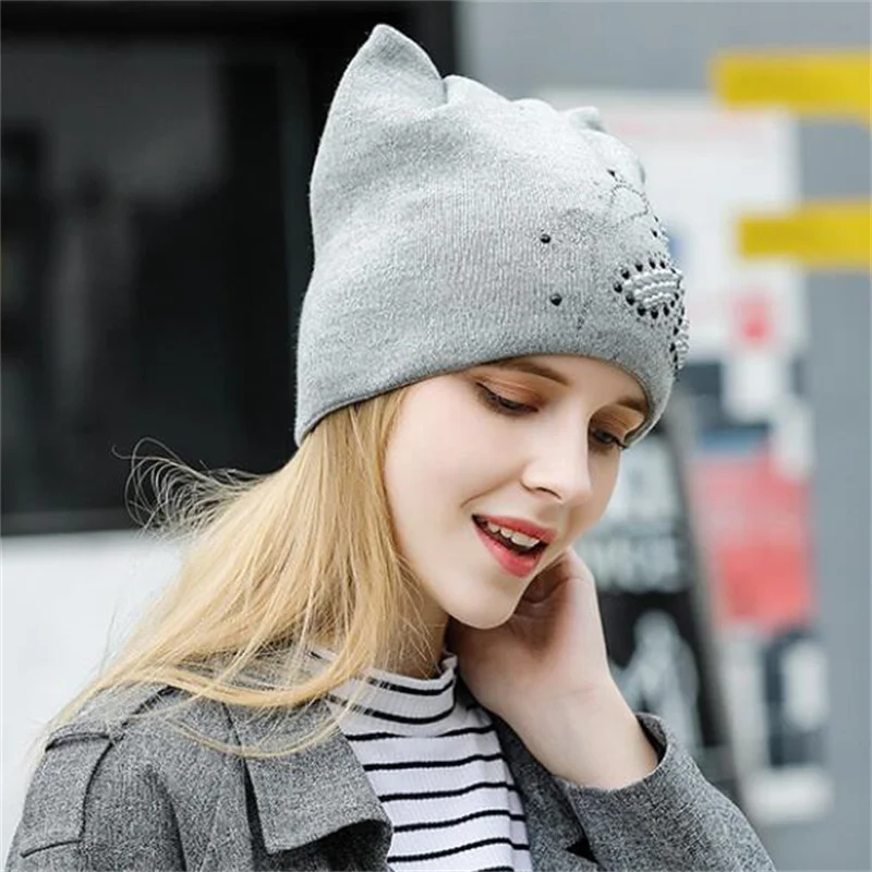 

Xthree Autumn Winter Hat for Women Knitted Beanies Hat Cat Ear Cap Butterfly Fashion Lovely Cap Girl Winter Cap