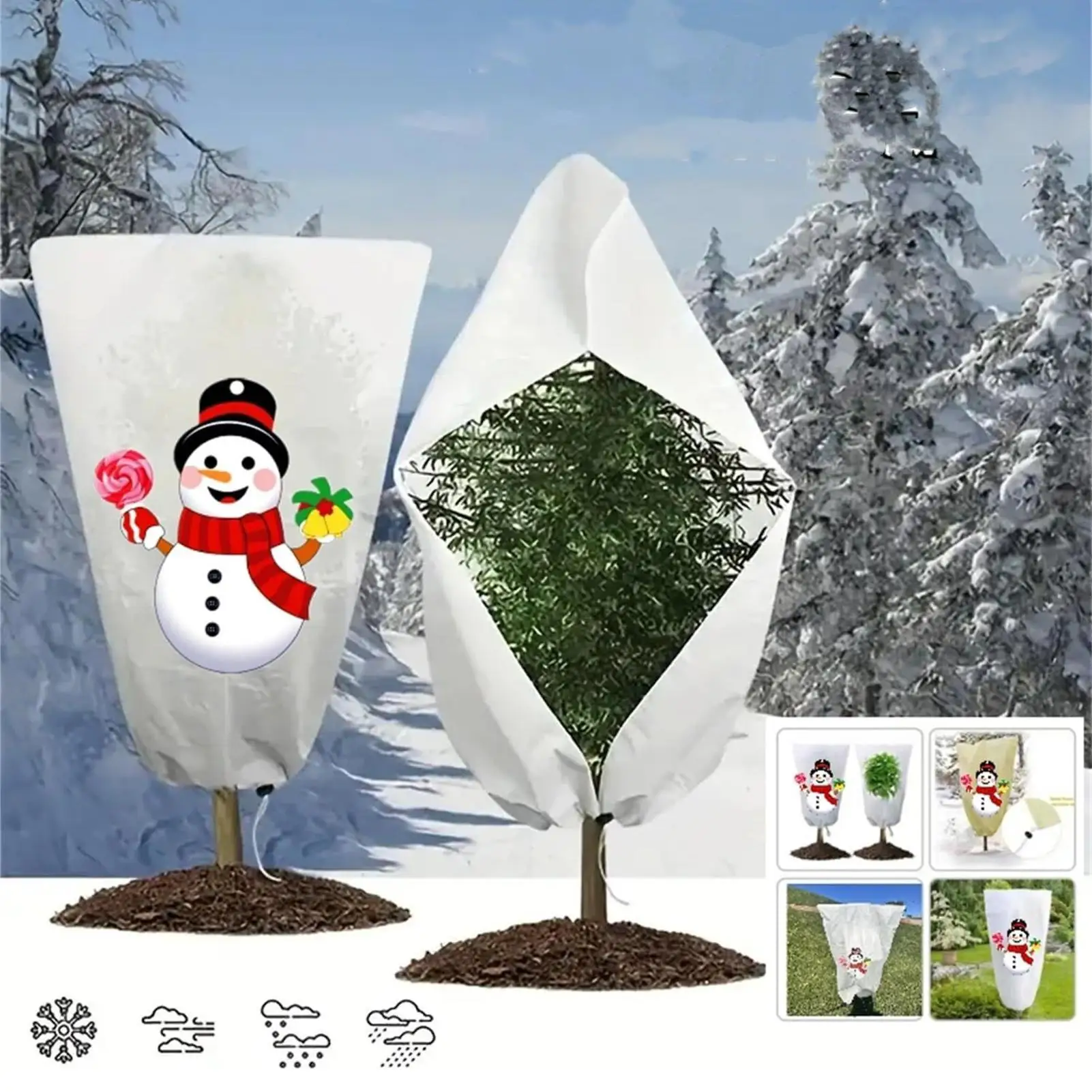 

Plant Freeze Protection Cover Christmas Prints Winter Plant Protector With Zipper Drawstring Buckle Breathable Non-woven Fabric