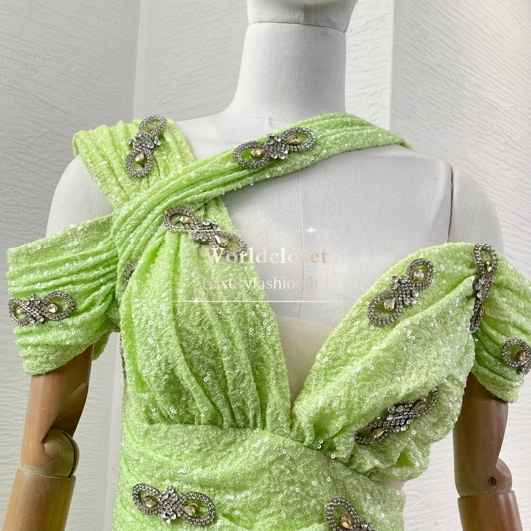 Beading Bow Sequins Slit Hem Maxi Dress for Party 2025 New Beautiful Green Sleeveless