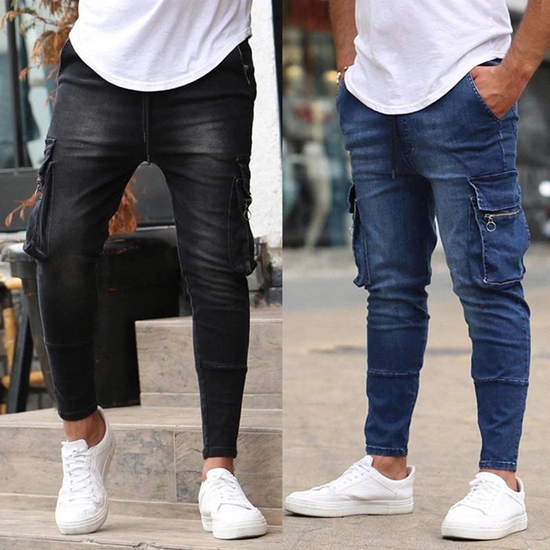 

New Jeans Men Pants Wash Solid Color Multi Pockets Denim Mid Waist Cargo Jeans Plus Size Fahsion Casual Trousers Male Daily Wear