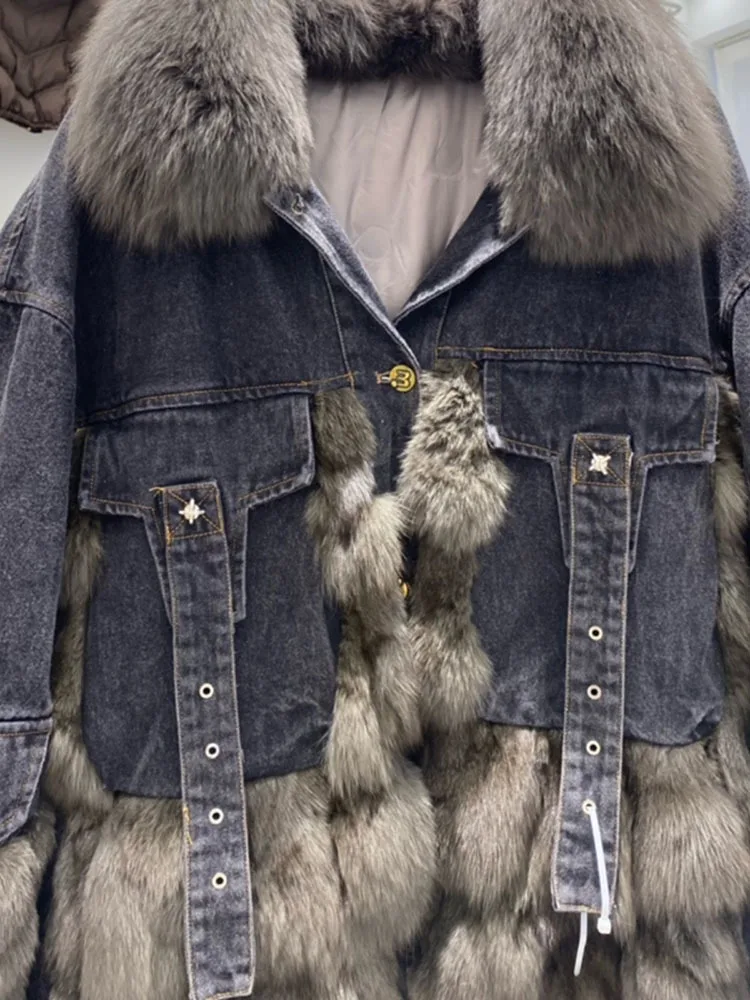 2023 Winter Fox Fur Denim Parka Fur Coat Women Fashion Chain Down Parka Female Thick Warm Genuine Fur Jacket Outerwear