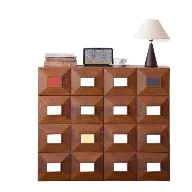 Retro solid wood dining side cabinet storage cabinet bedroom locker dopamine color module combination medieval bucket