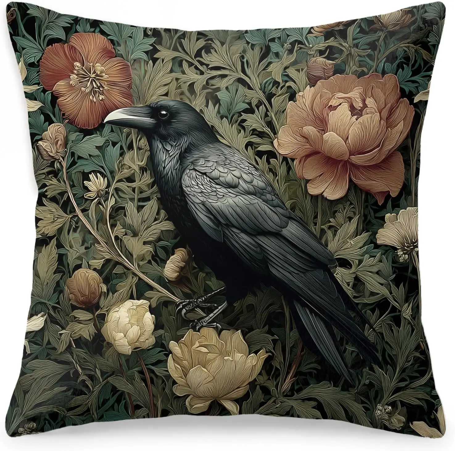 Botanical Raven and Peony Floral Art Pillow Covers Gothic Wildlife Print Cushion Case Accent Decor 40x40cm Throw Pillow for Home