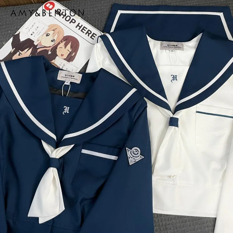 

Japanese Jk Uniform Casual Wear Autumn Solid Color Sailor Collar Long Sleeves Top Wear Solid Color Mini Pleated Skirt Suit Girls