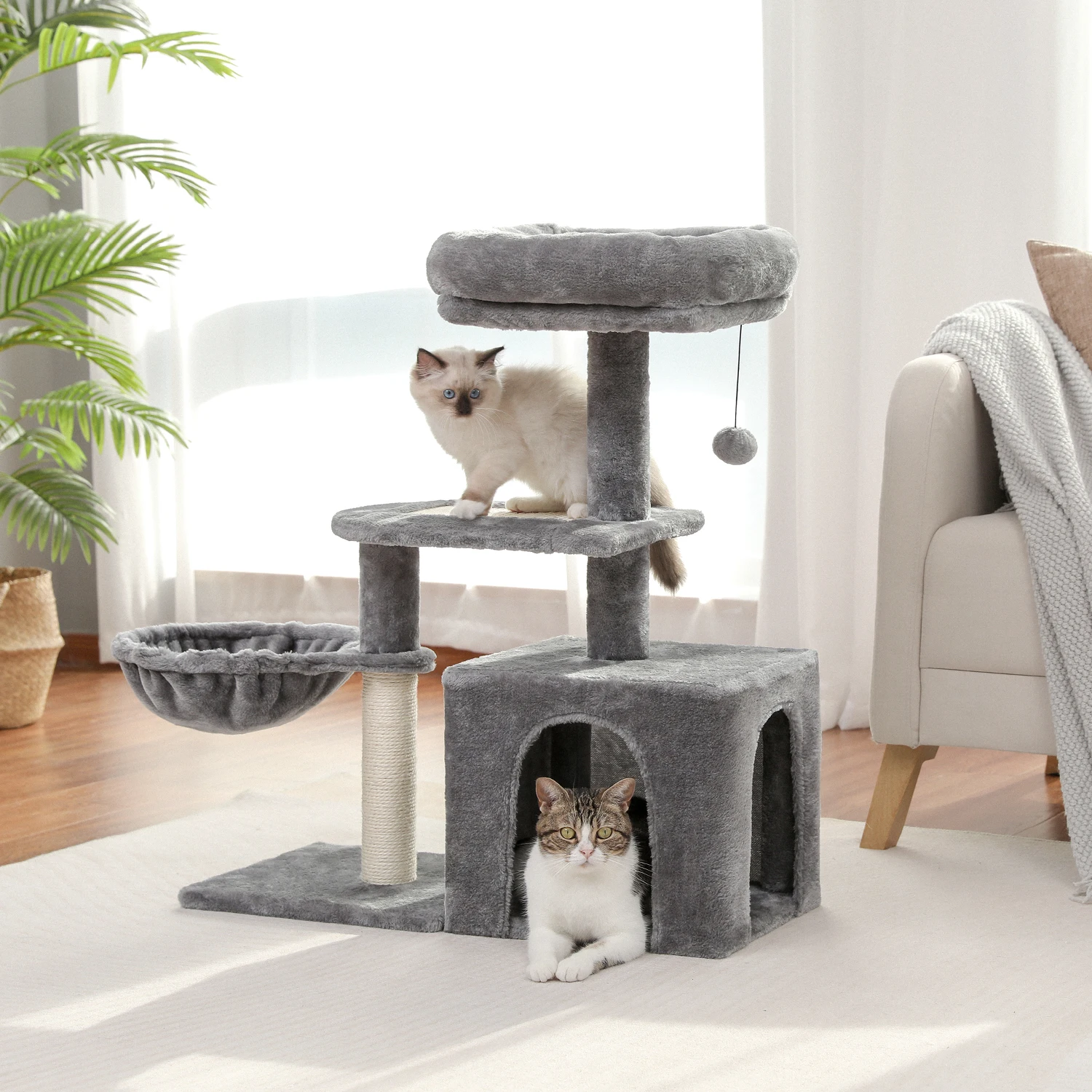 Cat Tree for Small Indoor Cats, Plush Cat Tower with Large Cat Condo, Deep Hammock and Sisal Cat Scratching Post for Kittens