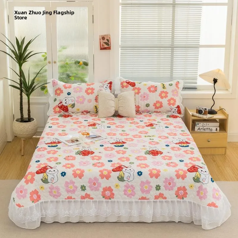 

New 2023 Skin-friendly Washed Cotton Lace Trim Double-layered Bed Cover Three-piece Set Floral Bed Skirt Korean Style Cotton Bed
