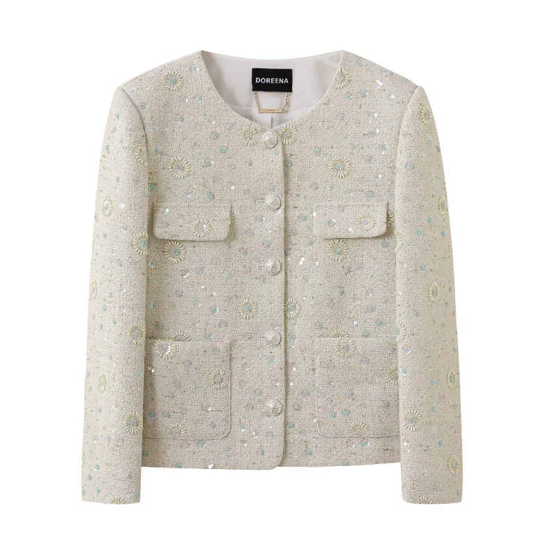 

Autumn Winter New Fragrant Embroidered Beads Sweet Short Coat Women's High Quality Luxury French Lady Tweed Long Sleeve Jacket