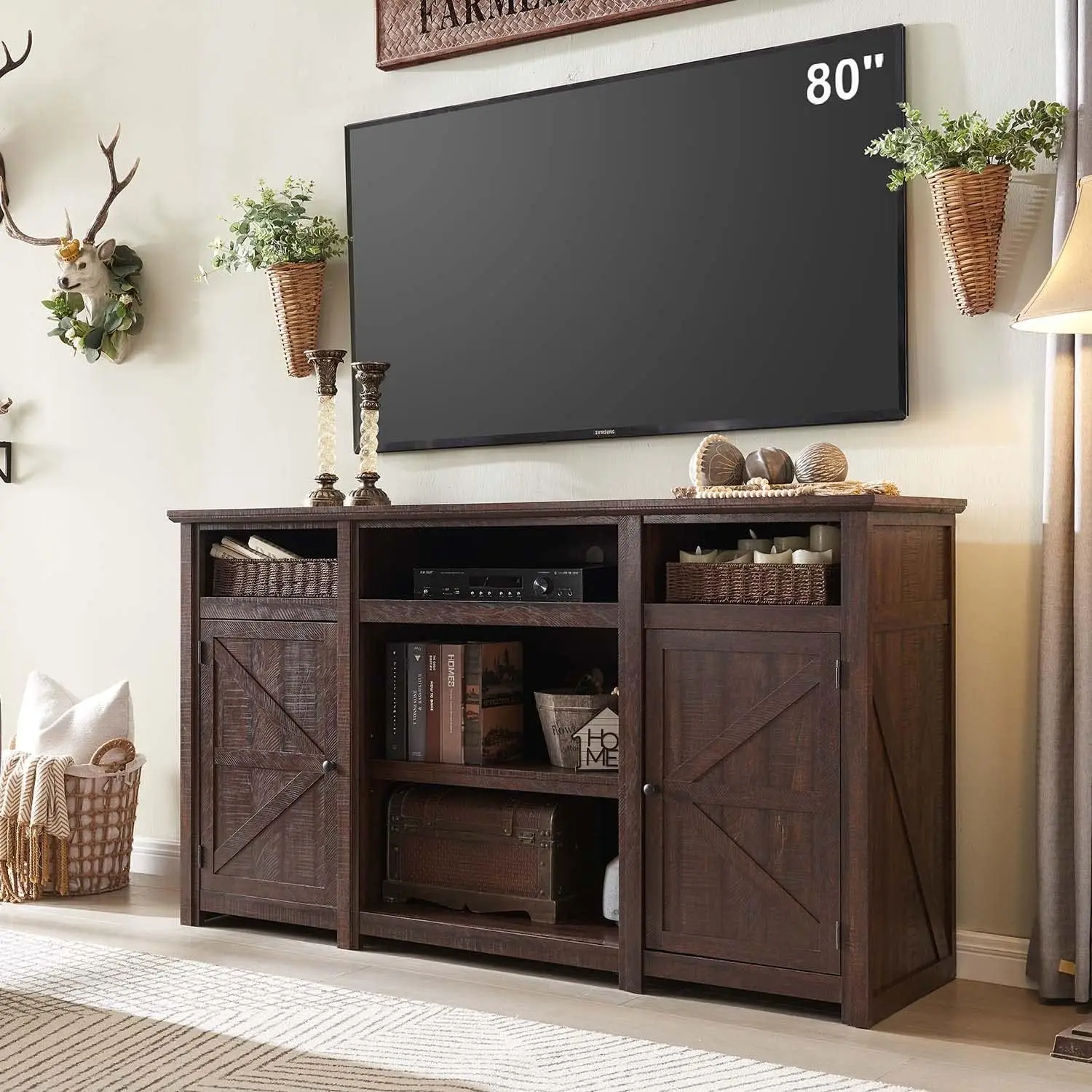 

Farmhouse TV Stand for TVs Up to 80 inches, 39" Tall Highboy Entertainment Center w/Barn Door, Large Wood Rustic TV Console Cabi