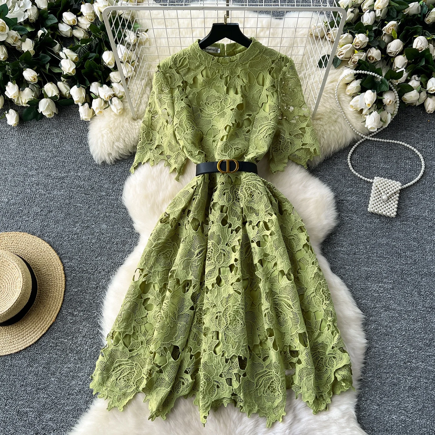 

Clothland Women Vintage Lace Dress Belt Hollow Out Short Sleeve A Line One Piece Retro Midi Dresses Vestido QD780