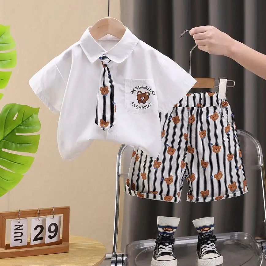 

Korean Style Baby Boys Clothes Sets 6 To 12 Months Summer Outfits for Infant Cartoon Bear Bowtie Shirts And Shorts Tracksuits