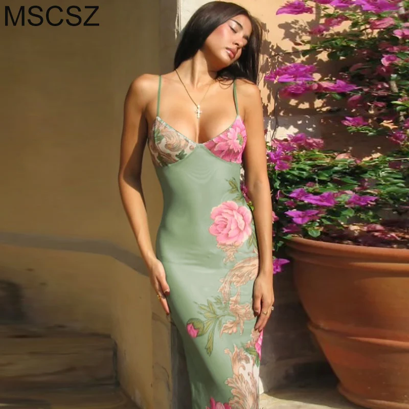 

MSCSZ Elegant Floral Long Dress Women Backless Bodycon Long Summer Dress 2024 Fashion Slim V-Neck Cami Maxi Dress