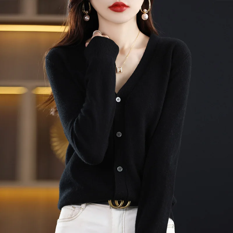 2024 Spring Autumn Women Sweater Long Sleeve V-Neck Cardigan 100% Merino Wool Pure Color Knitwear Korean Fashion Women Clothing