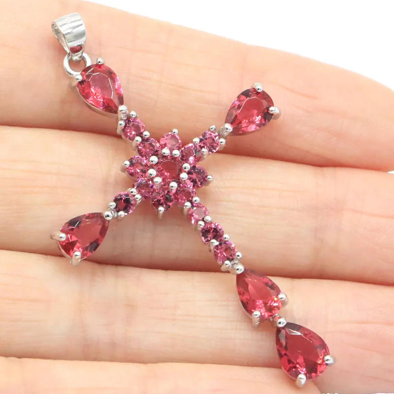 Buy 4 Get 1 Free 54x31mm Cross Shape Pink Raspberry Rhodolite Garnet London Blue Topaz 925 Solid Sterling Silver Pendant