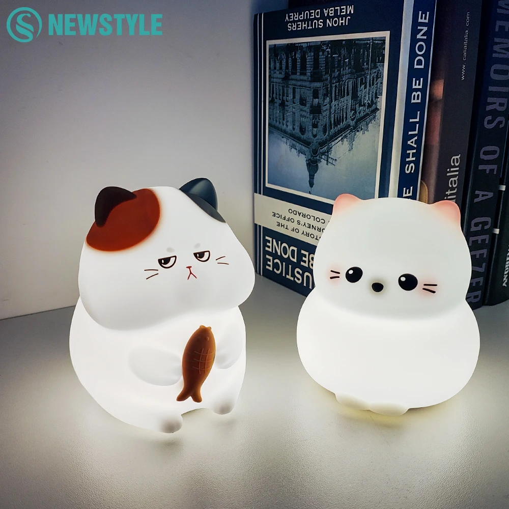 Cute Cat Silicone Night Light 3 Brightness Rechargeable Timing Sleeping Lamp Kawaii Cordless Night Lights For Kids Room Decor