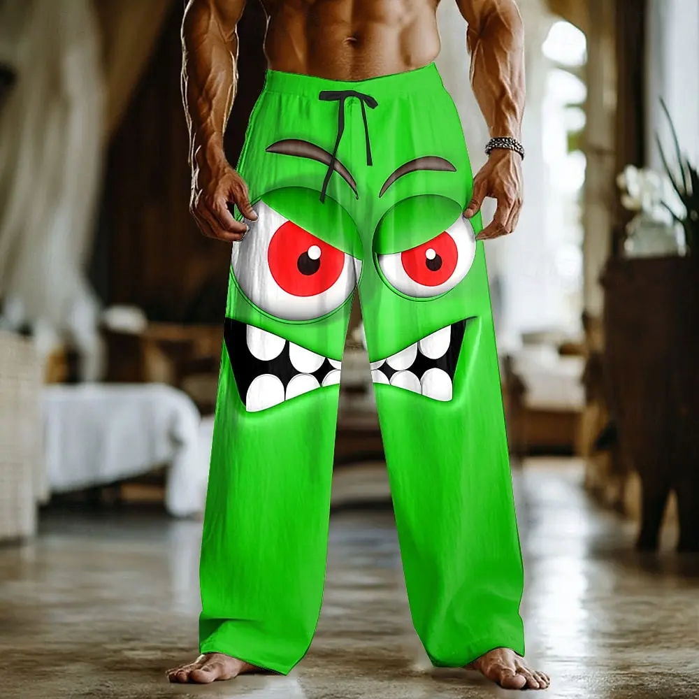 Herren 3D Cartoon-Expressions-Hose, Baggy Pants, Freizeithose, mittelhoher Bund, lustiger Stil, elastischer Kordelzug, Herbst/Frühling – Detail 2