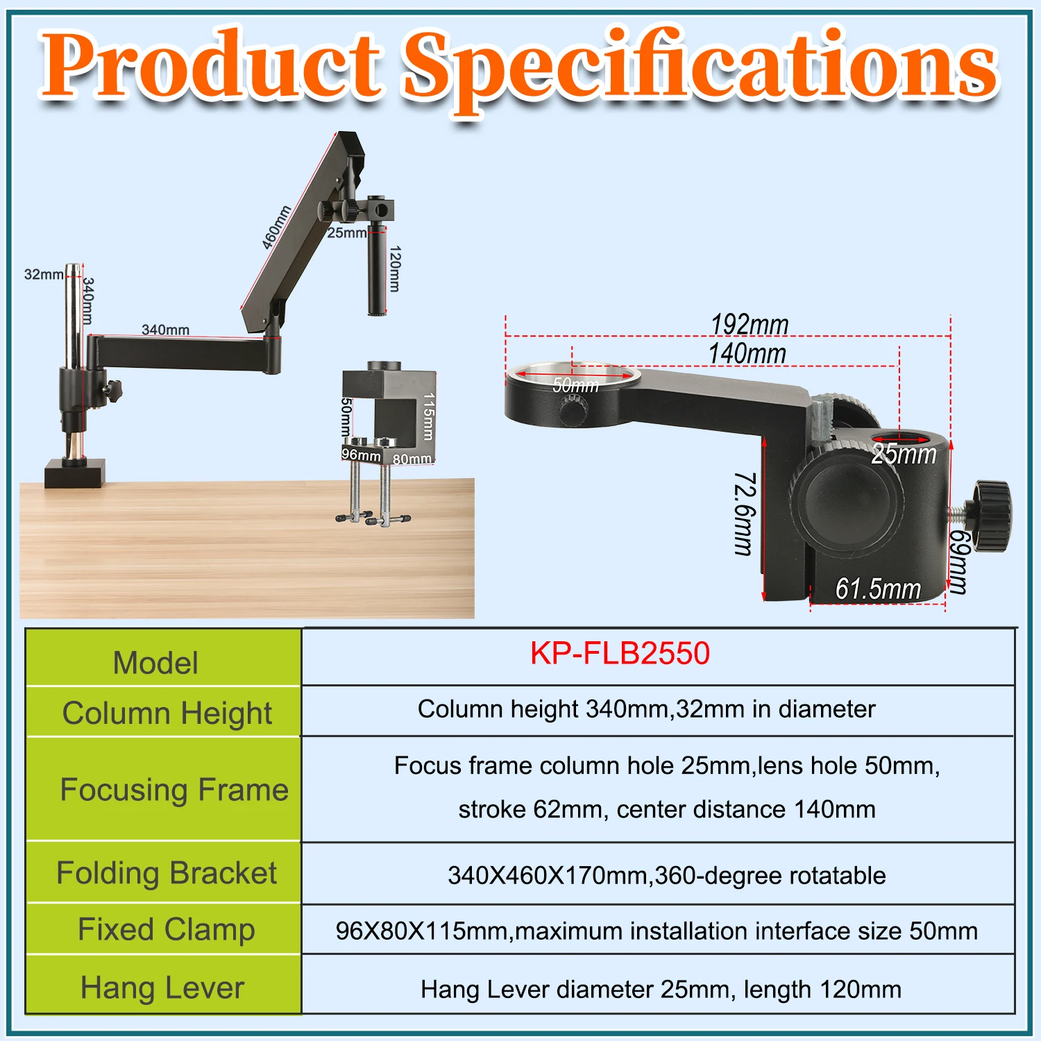 KOPPACE Microscope Folding Bracket Lens Frame Diameter 50mm Can be fixed on the desktop